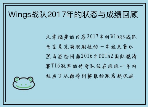 Wings战队2017年的状态与成绩回顾