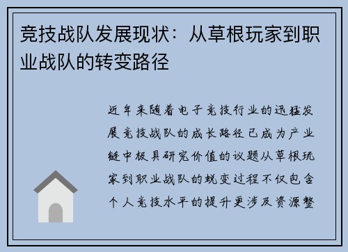 竞技战队发展现状：从草根玩家到职业战队的转变路径
